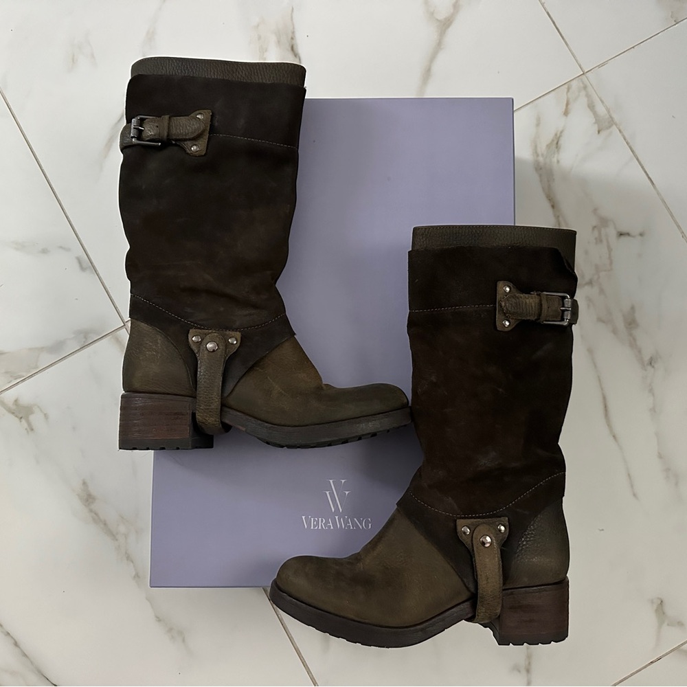 Vera Wang Olive Green and Dark Brown Suede Mid-Calf Boots